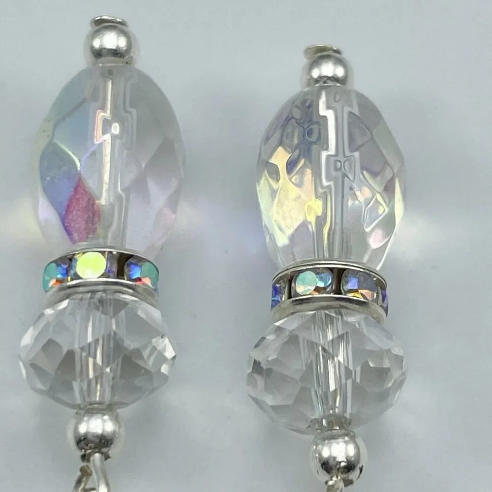 Stunning White AB Crystal Glass Beaded Dangle Earrings Silver Tone Rhinestone